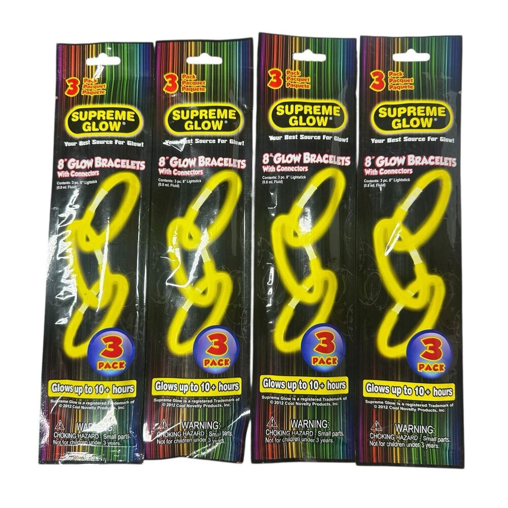 NEW Supreme Glow 3 Pack 8" Glow in the Dark Bracelets Lot of 12 Yellow Party